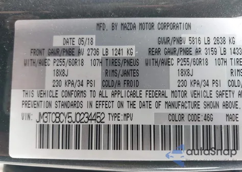 2018 Mazda Cx-9 Touring z USA, uszkodzony, nr VIN JM3TCBCY5J0234452